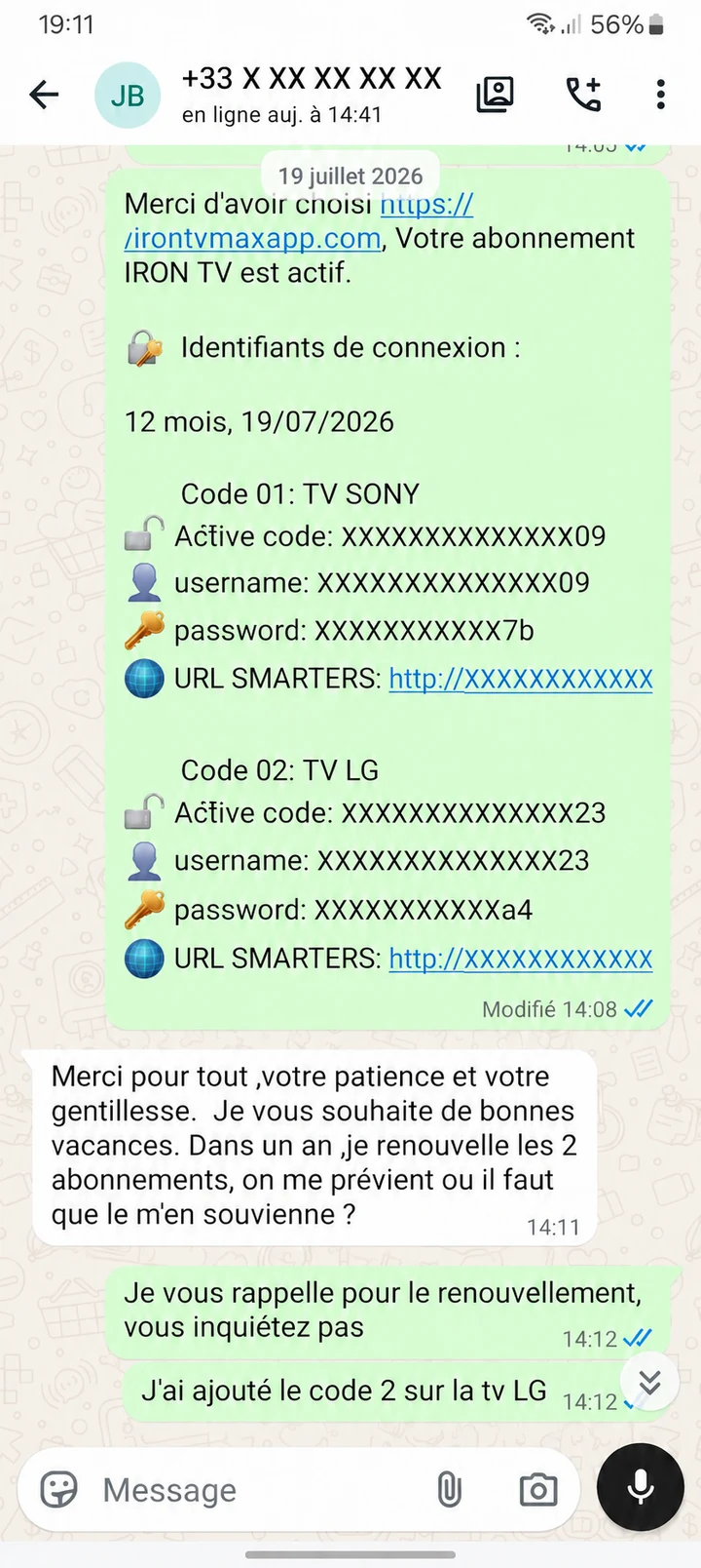 Échange WhatsApp anonymisé du 19 juillet 2026 : Merci pour tout, votre patience et votre gentillesse.